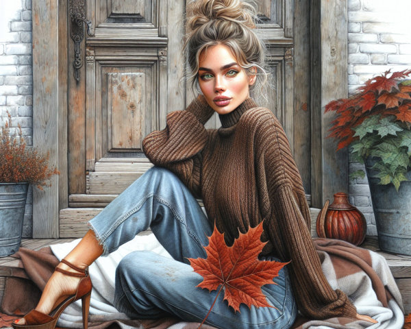 Young woman in cozy attire by rustic door with autumn decor