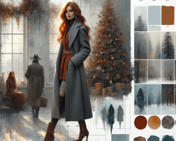 Digital Art of Woman with Red Hair by Christmas Tree