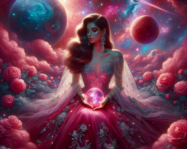 Cosmic queen in magenta gown among vibrant roses