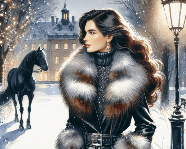 Glamorous Woman in Fur Coat in Winter Scene