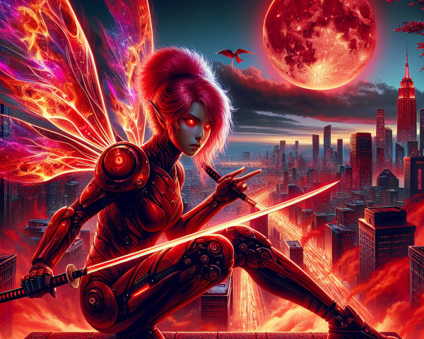 Cybernetic Fairy Overlooking Futuristic City Skyline