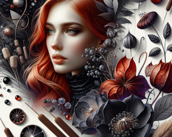 Portrait of a Woman with Red Hair and Botanicals
