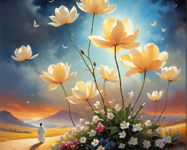 Serene Landscape with Vibrant Flowers and Butterflies