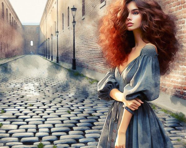 Young woman in elegant dress in cobblestone alleyway