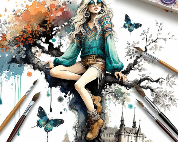 Fashionable Woman on Tree Branch in Vibrant Outfit