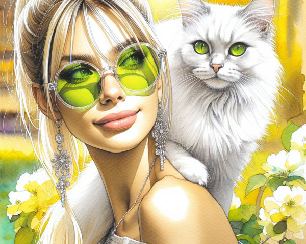 Young woman with cat in vibrant floral setting