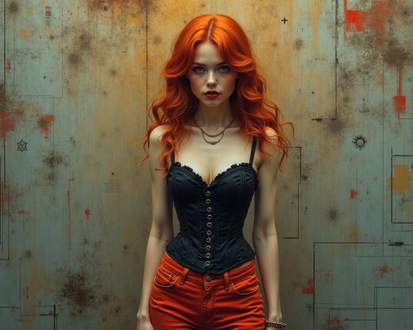 Woman with Red Hair in Black Corset and Orange Pants