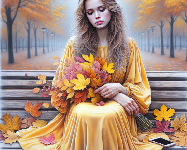 Young Woman in Yellow Dress Surrounded by Autumn Leaves