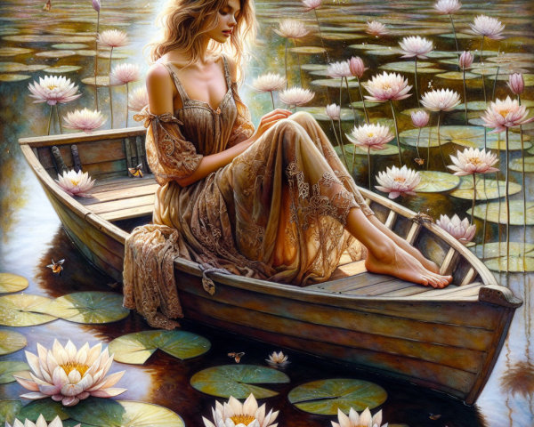Tranquil Lake Scene with Woman in Wooden Boat