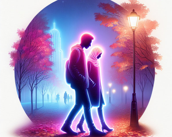 Couple Walking in Illuminated Autumn Park at Night