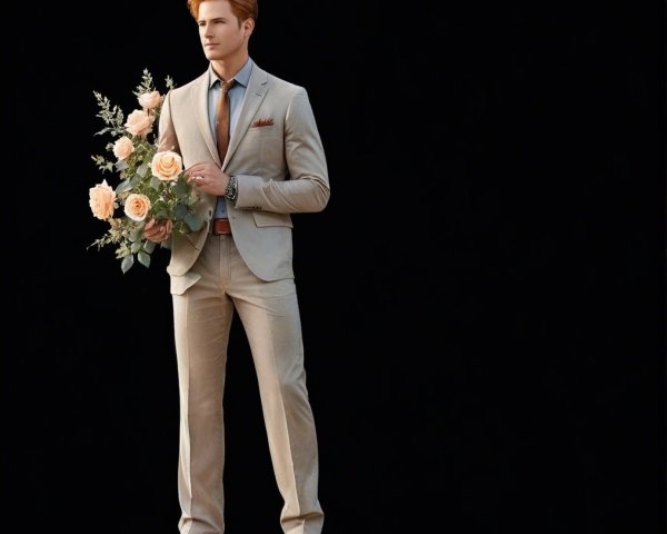 Stylish Man in Light Gray Suit with Pink Roses