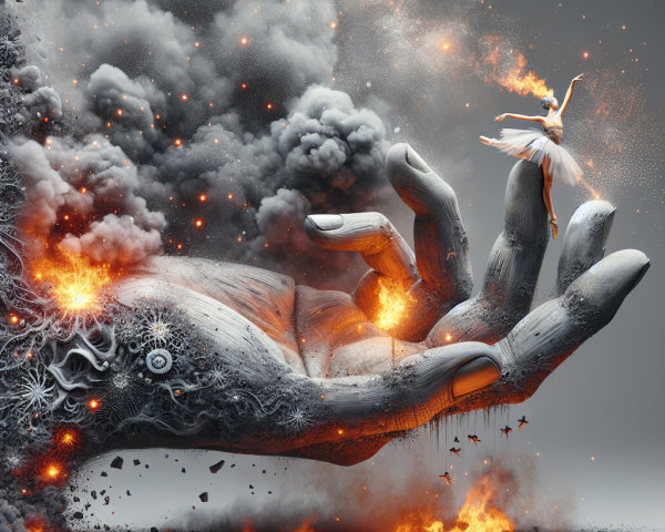 Colossal Hand with Ballerina Amidst Fire and Smoke