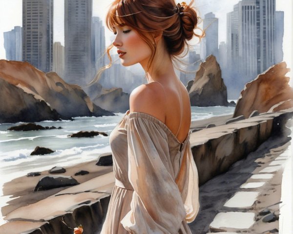 Young Woman by Rocky Coastline with Urban Backdrop