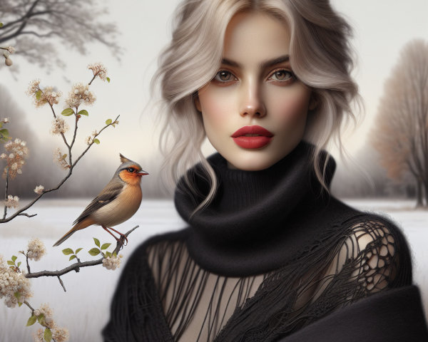 Portrait of a Woman in Winter Landscape with Bird