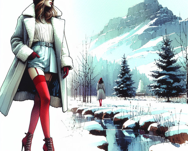 Chic Winter Fashion in a Snowy Landscape Setting