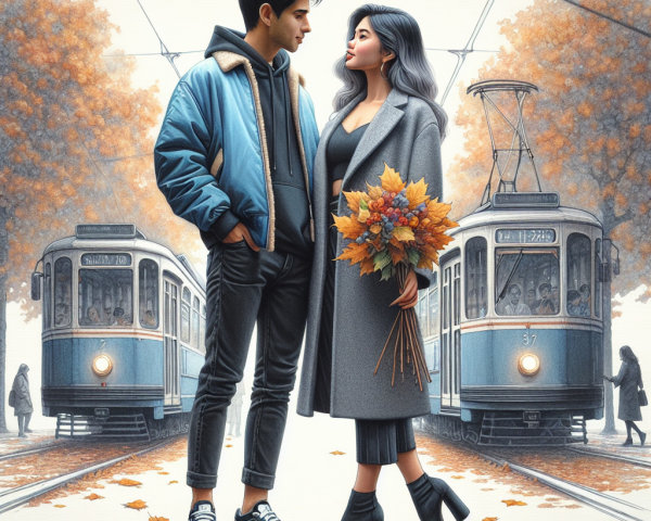 Young Couple on Tram Platform in Autumn Setting