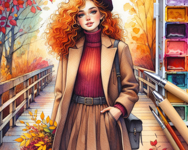 Young Woman with Red Hair on Autumn Bridge
