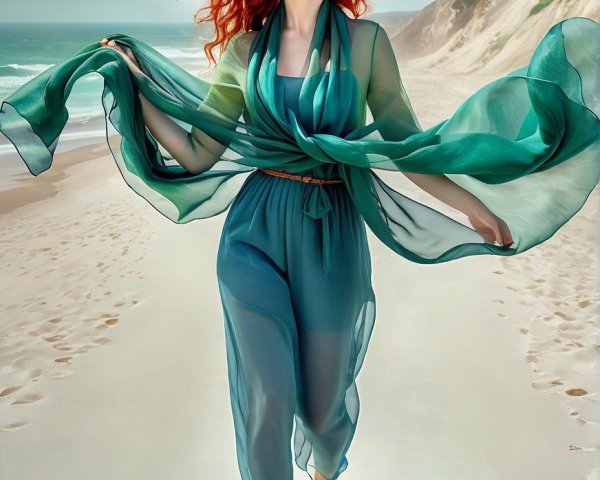 Woman with red hair in turquoise outfit on beach