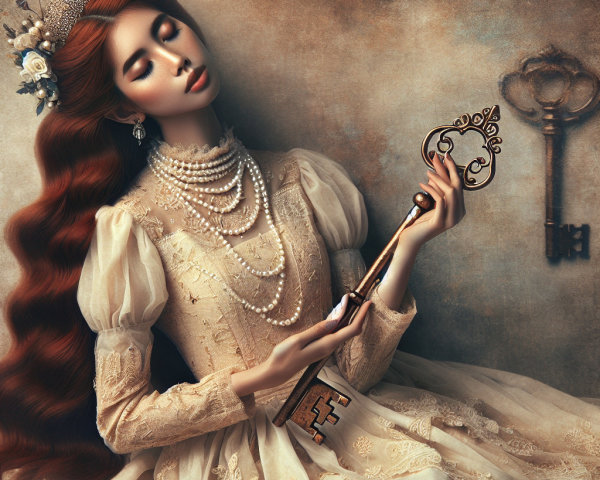 Regal Figure in Vintage Ivory Gown with Ornate Key