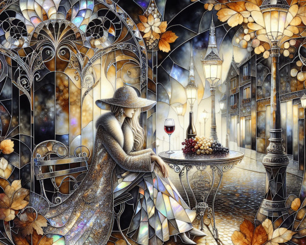 Stained Glass Artwork of Woman with Wine and Lanterns
