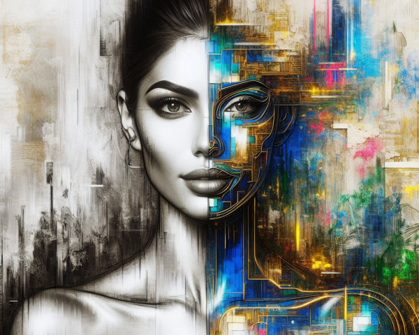 Split Image of Monochrome and Abstract Woman