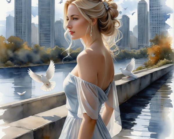 Young Woman in Blue Dress Overlooking Cityscape