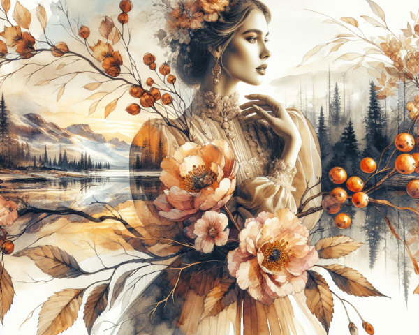 Portrait of a woman with flowers in serene landscape