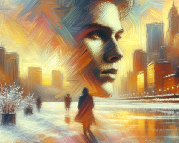Stylized Portrait of Young Man in Cityscape at Sunset