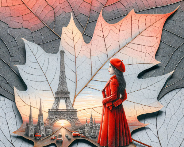 Whimsical Illustration of Girl on Autumn Leaf with Eiffel Tower