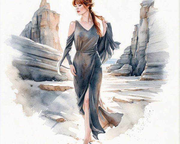 Woman in Gray Dress Amidst Rugged Landscape