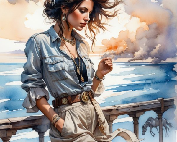 Woman in denim shirt by serene ocean backdrop