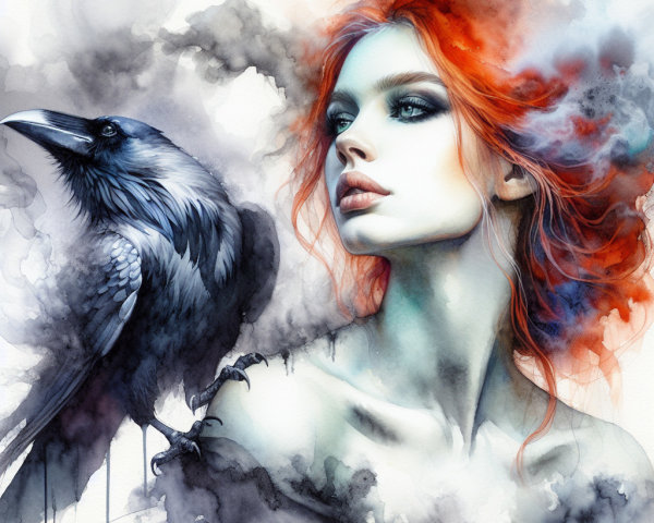 Striking Woman with Red Hair and Mystical Background