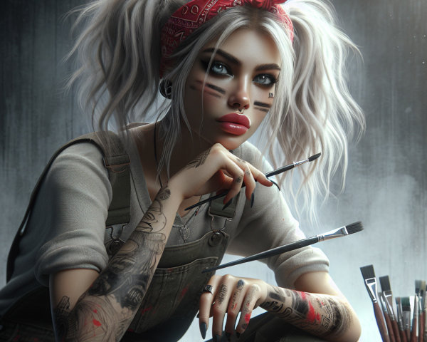 Young woman in pigtails with paintbrushes and tattoos