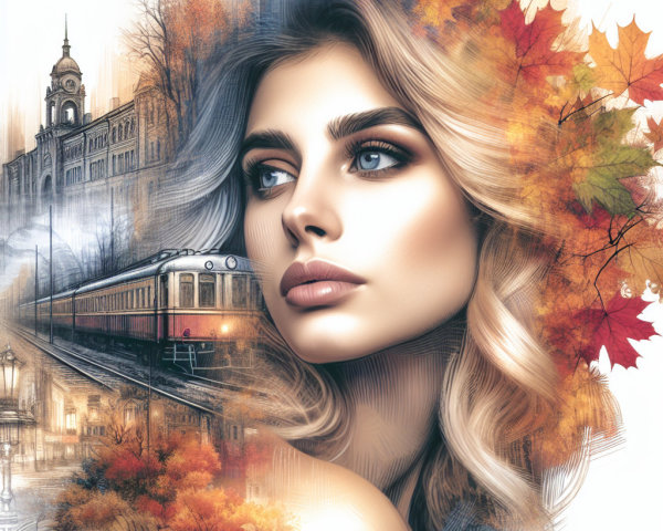 Young woman in autumn leaves with urban landscape backdrop