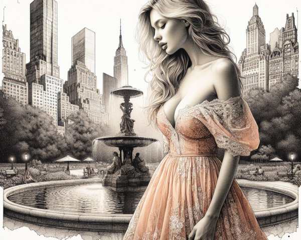 Vintage Coral Dress by Fountain with City Skyline