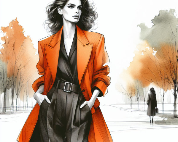 Stylish Woman in Orange Coat Amidst Autumn Landscape