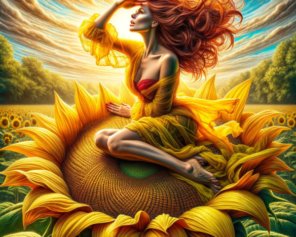 Woman on Sunflower with Red Hair and Dramatic Sky