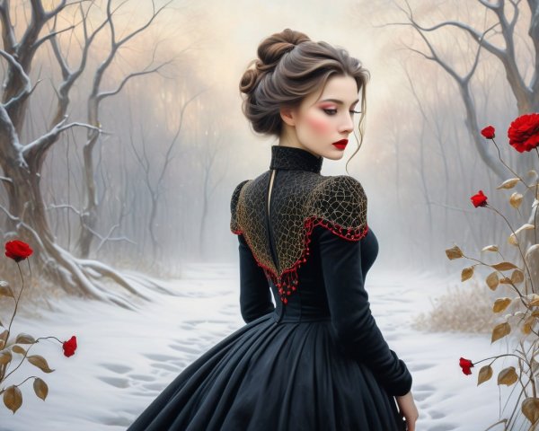 Elegant Victorian Woman in Snowy Forest Painting