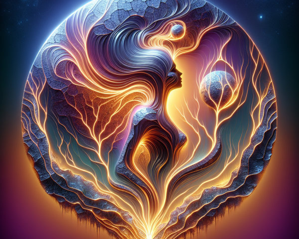 Female Figure Intertwined with Cosmic Energy and Roots