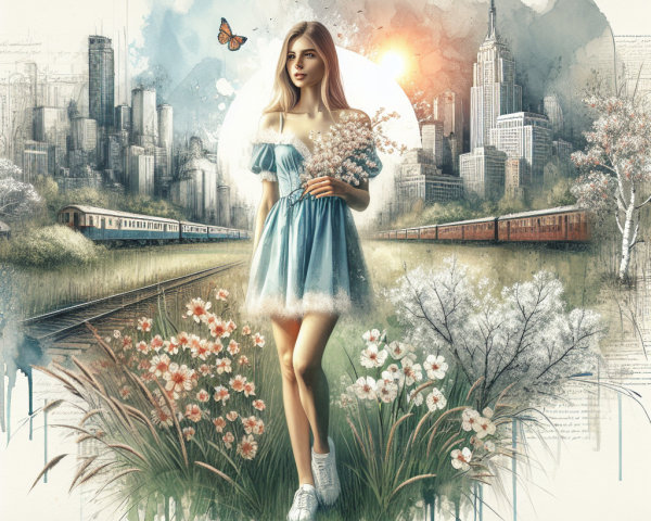 Young Woman in Blue Dress Surrounded by Flowers and City