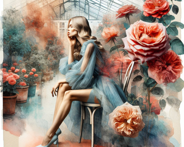 Elegant Woman in Dreamy Greenhouse with Roses