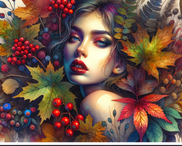 Portrait of a Young Woman in Autumn Leaves and Berries