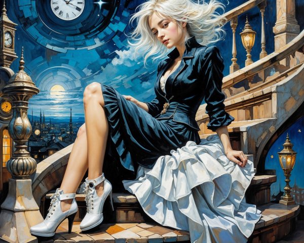 Elegant Woman in Black Dress on Ornate Stairs at Night