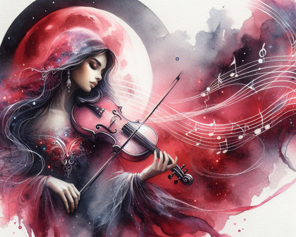 Mystical figure playing violin under glowing moonlight
