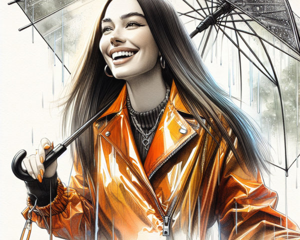 Young woman in orange rain jacket with black umbrella