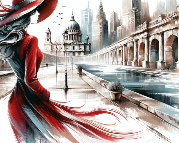 Stylish Woman in Red Dress at Scenic Waterfront