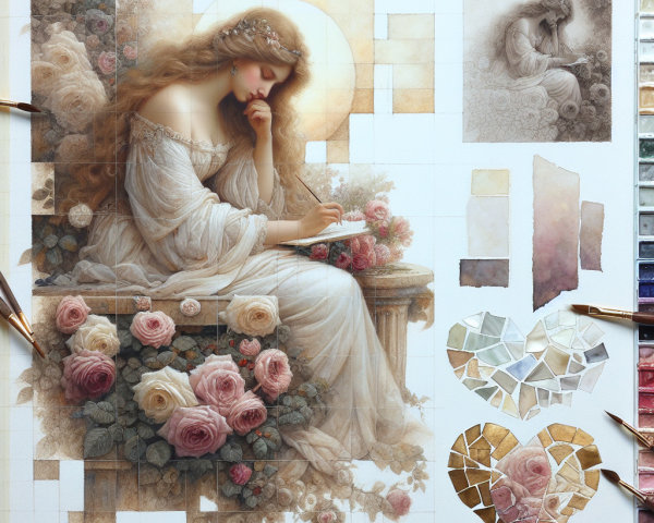 Semi-Finished Artwork of Woman Surrounded by Roses