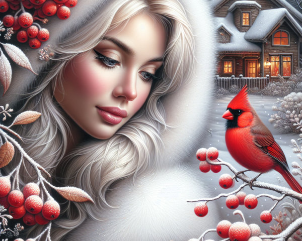 Winter Scene Featuring a Woman in a Fur-Lined Hood