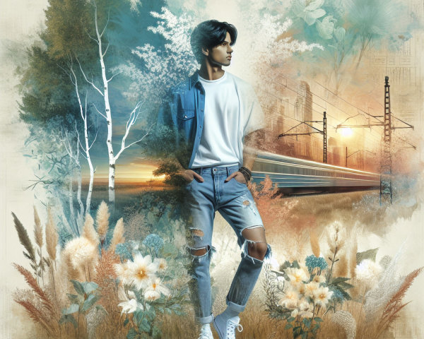 Young man in casual attire amidst nature and urban scenery