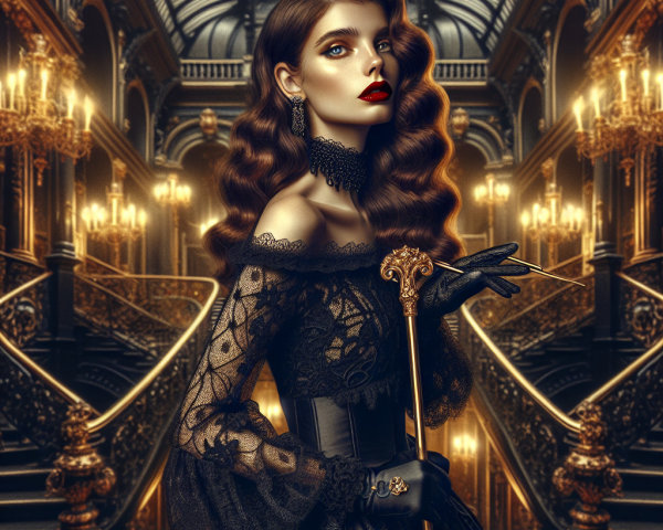 Glamorous Woman in Opulent Interior with Lace Gown